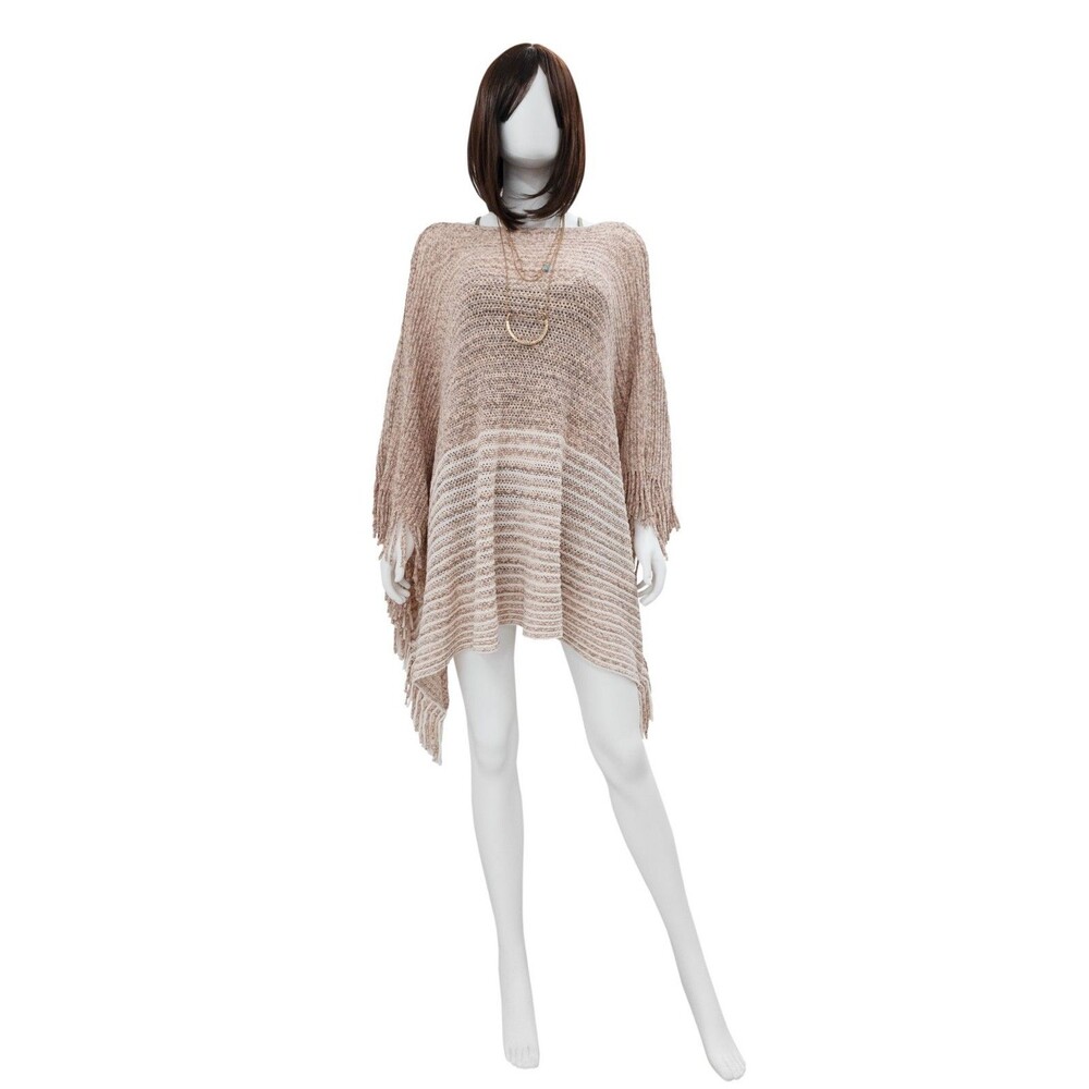Soft Knit Tassel Poncho Pink Bohemian-Style One Size Two Tone Knit Shawl